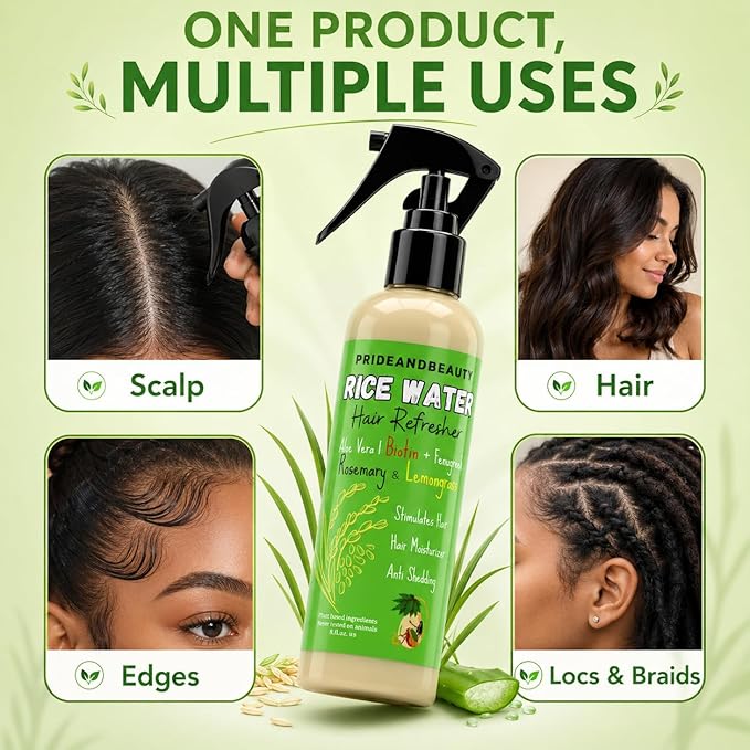 PrideandBeauty Fermented Rice Water Hair Refresher – Infused with Rosemary, Biotin, Caffeine & Keratin – Strengthens, Reduces Breakage, Hydrates & Softens – Non-Greasy Leave-In for All Hair Types