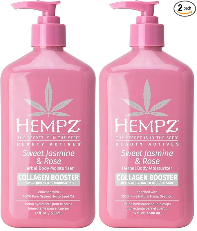 Hempz Sweet Jasmine & Rose Herbal Body Moisturizer for Women,17 Fl. oz. - Moisturizing Lotion with 100% Pure Hemp Seed Oil,Collagen,Shea Butter - Hydrating Vegan Lotion for Dry Skin,(Pack of 2)
