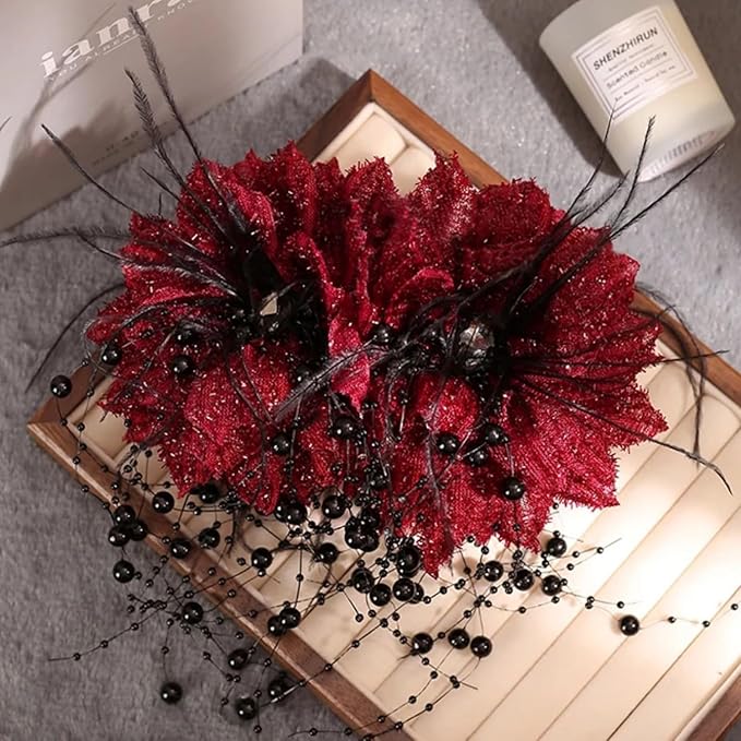 1pc Large Floral Bow Hair Claw Clips with Beads Tassels Red Flower Hair Claw Clip Hair Jaw Clip Hair Accessories for Women Girls Wedding Party Daily Wearing