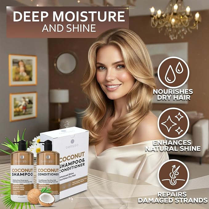 Coconut Shampoo and Conditioner Set - Sulfate Free, Deep Moisturizing, Hydrating, Anti Frizz Formula for Women and Men - Professional Salon Grade - Dry, Damaged Hair Care Products 16 Fl Oz (Set of 2)