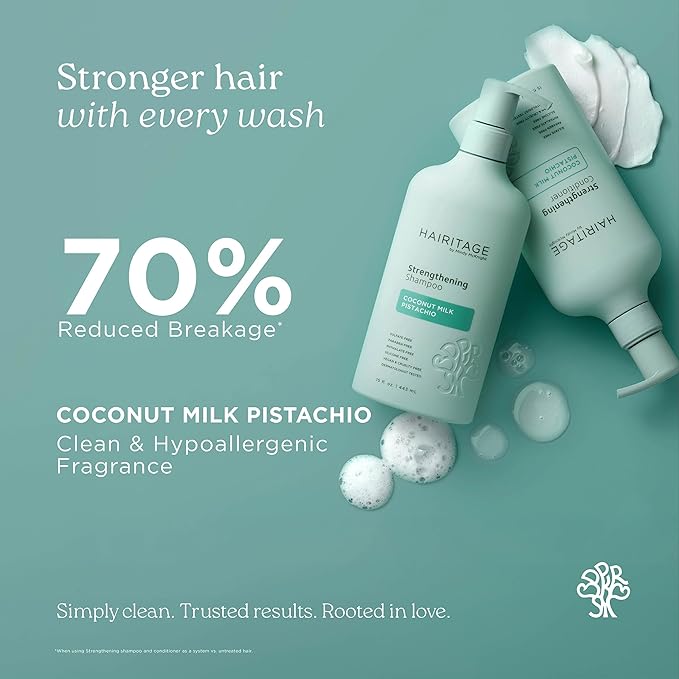 Hairitage Coconut Pistachio Strengthening Shampoo | Restoring for All Hair - Color & Treated, Fine to Dry Damaged, Breakage, Sulfate & Paraben Free, Naturally Derived Ingredients, Value Size 15 fl.oz.