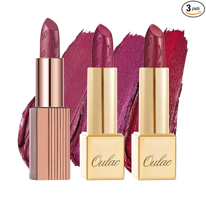 Oulac Metallic Puple Lipstick Set 3PCS, Comfortable Creamy Texture, Smooth No Grainy Feeling, Vegan & Gluten Free, Full-Coverage Lip Makeup, 3 X 4.3 g, 606+04+14