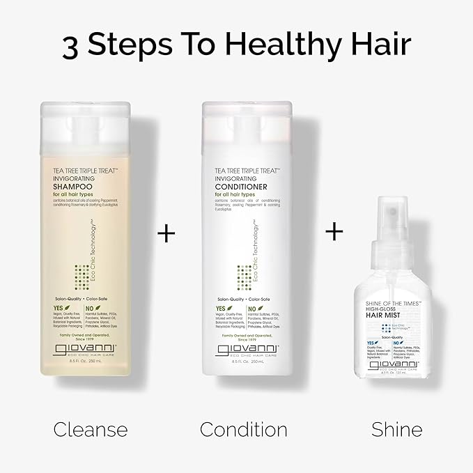 GIOVANNI Tea Tree Triple Treat Invigorating Shampoo & Conditioner Set - Cooling Peppermint, Eucalyptus, Rosemary, Helps Dry, Flaky Scalp, Salon Quality, Vegan, Cruelty Free, Paraben Free - 8.5 oz Each