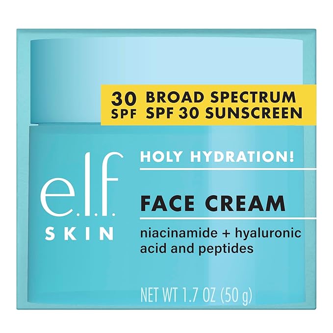 e.l.f. Holy Hydration! Face Cream Broad Spectrum SPF 30 Sunscreen Moisturizer, Made with Hyaluronic Acid, Niacinamide & Peptides, Lightweight Daily Protection, 1.7 oz
