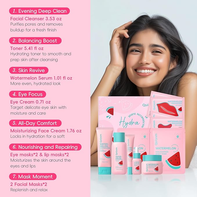 QUIYUM Watermelon & Niacinamide Skin Care Sets, Routine Facial Skincare Product, Beauty for Women, Hydration, Moisturizing, Oil Control, Glow Up, Teen Girl Gifts Trendy Stuff, Spa-Like at Home