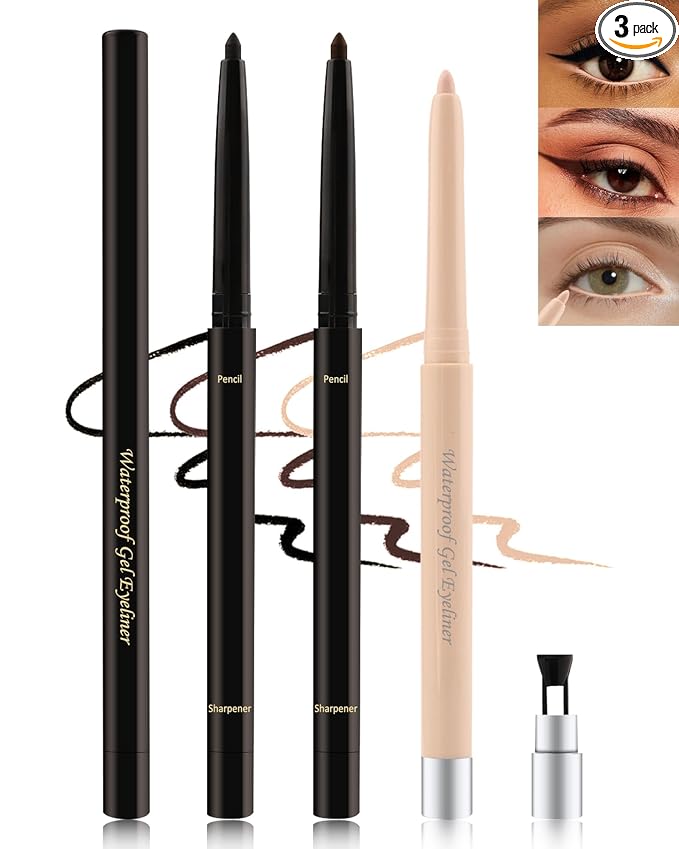 Black+Brown+Nude Waterline Eyeliner Pencil, Cream Gel Eye Liner Pencils for Older Women, Waterproof Smudge-Proof Retractable Eyeliner Pen, Long Lasting, Water Line Eye Liner for Sensitive Eyes-3Pcs