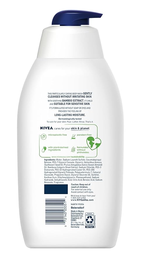 Nivea Men Sensitive Body Wash with Bamboo Extract, Moisturizing Body Wash for Sensitive Skin, Soap Free Shower Gel for Men with No Drying Alcohol, 30 Fl Oz Bottle (Pack of 2)