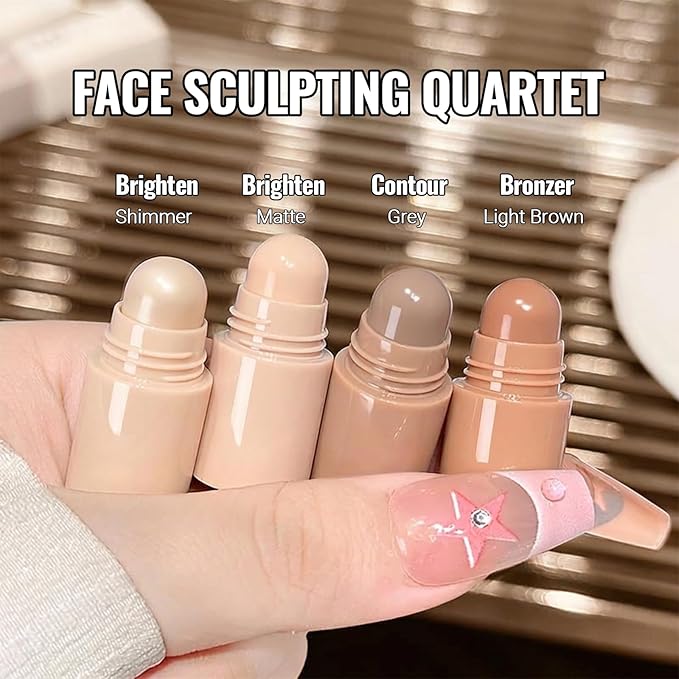 Erinde 4-in-1 Stackable Contour & Highlighter Stick, Creamy Multi-Use Shading & Illuminating Pencil, Cool Tone Grey Brown & Warm Bronzer, Matte & Pearl White Highlight, Travel Makeup Crayon