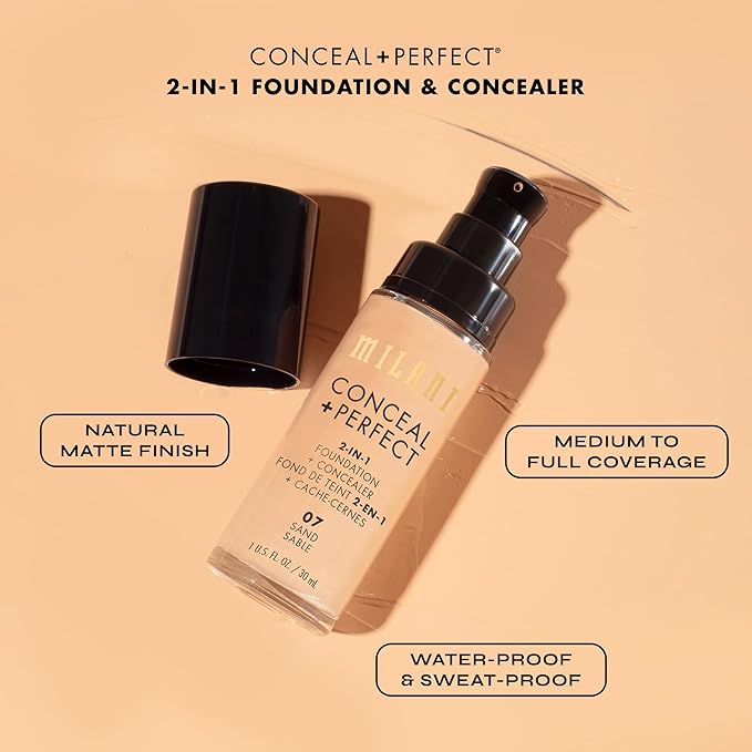 Milani Conceal + Perfect 2-in-1 Foundation + Concealer for a Flawless Complexion, Under Eye Corrector, Cover Redness and Imperfections, Waterproof and Sweatproof - 04A1-Golden Beige