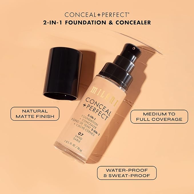 Milani Conceal + Perfect 2-in-1 Foundation + Concealer for a Flawless Complexion, Under Eye Corrector, Cover Redness and Imperfections, Waterproof and Sweatproof - 02A-Creamy Natural