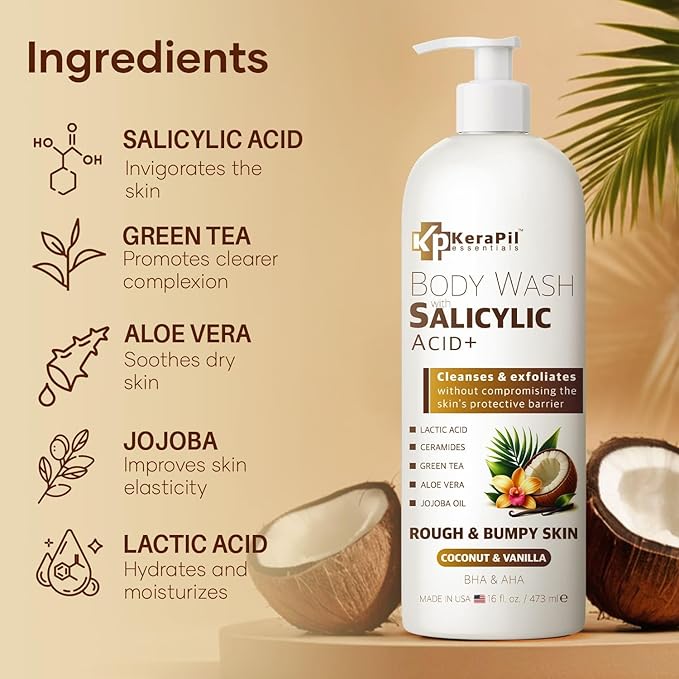 KERAPIL Exfoliating Body Wash with Salicylic Acid - No Dry Out, Gentle Exfoliates Rough and Bumpy Skin, Body Acne Wash, BHA & AHA - Coconut and Vanilla Salicylic Acid Body Wash - (16 fl oz x 2)