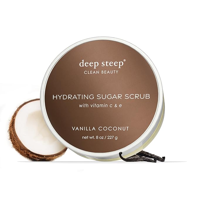 Deep Steep Sugar Scrub, Vanilla Coconut, 8 oz – Exfoliating Body Scrub with Organic Coconut Oil, Shea Butter & Argan Oil – Vegan, Clean Beauty, Smooth, Soft & Nourished Skin
