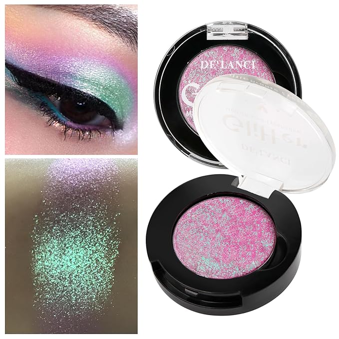 Pink Green Glitter Eyeshadow, High Pigment Sparkle Duo Chrome Eyeshadow with Intense Color Shifting Pink to Green,Smooth Long Last Mineral Chameleon Multichrome Eye Shadow for Eye Glitters/Highlighter