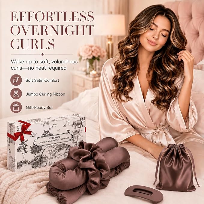 EnteromMuse Jumbo Heatless Curls Overnight Heatless Hair Curler Oversized Heatless Curling Rod, No Heat Damage Hair Curler for Voluminous Curls, Rollers & Curls Set with Satin Fabric(Brown, Jumbo)
