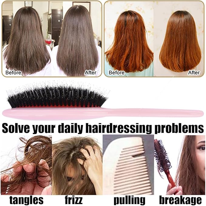 Boar Bristle Detangling Paddle Hair Brush for Curly Fine Wavy Hair, Anti-frizz Painless Detangler Brush Boar Nylon Mixed Bristle Styling Hairbrush for Women Men, Less Pulling and Hair Breakage