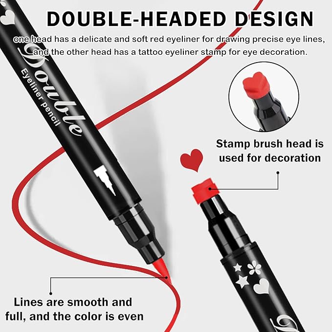 4PCS Red Eyeliner Stamp,Double-headed Red Liquid Eyeliner Pencil for Eye Makeup,Long-lasting Delineador de Ojos Contra el Agua (Star,Triangle,Flower,Heart Eyeliner Stamp)