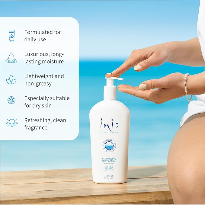 Inis the Energy of the Sea - Revitalizing Body Lotion for Women and Men, Large Pump, Daily Body Moisturizer with Seaweed, Shea Butter and Vitamin E, Clean Ocean Fresh Scent, 16.9 fl oz