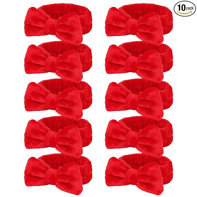 Casoty 10 Pcs Red Makeup Headbands, Hair Band for Washing Face, Soft Coral Fleece Makeup Headband for Women Girls, Bow Hair Bands, Towel Headbands for Face Washing Shower Skin Care Yoga