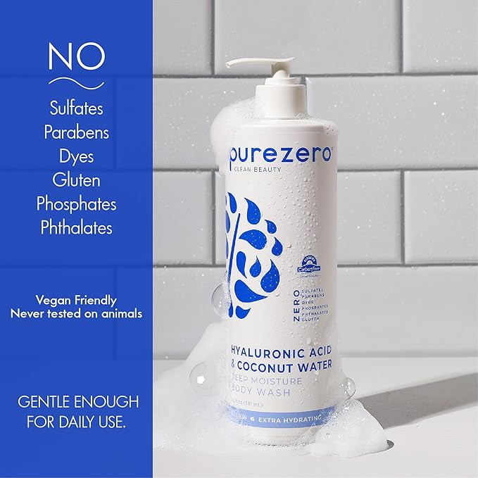 Purezero Hyaluronic Body Wash Deep Moisturizer - Soft Skin Hydration - Moisturizing Skin Cleanser + Coconut Water - No Sulfates, Parabens, Dyes (1 Pack)