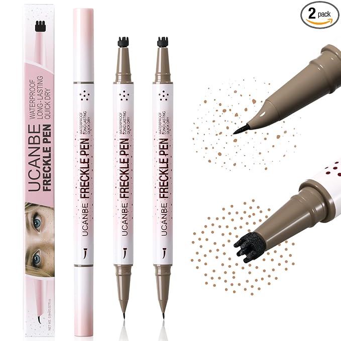 UCANBE 2PCS Dual-Ended Freckle Pen & Freckle Stamp - Precise 15° Curved Tip Makeup Waterproof & Smudge Proof, Long Lasting Faux Freckles Pencils (02 Natural Coffee)