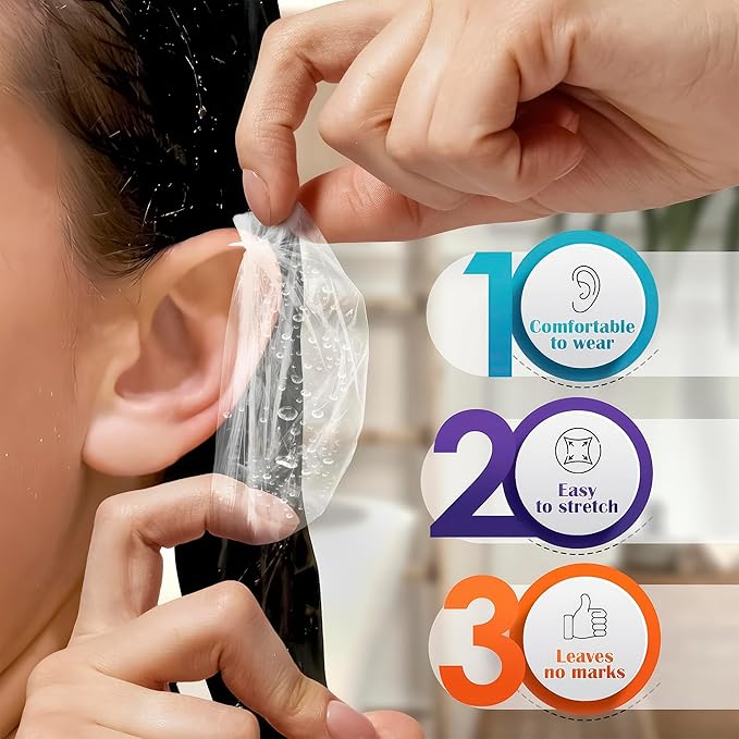 100 Pcs Ear Cover for Shower – Disposable Ear Covers for Hair Dryer – Easy to Stretch, Water-Resistant, Lightweight, Durable Plastic | Comfortable to Wear for Home, Spa, Travel, Hotel and Hair Dye Use