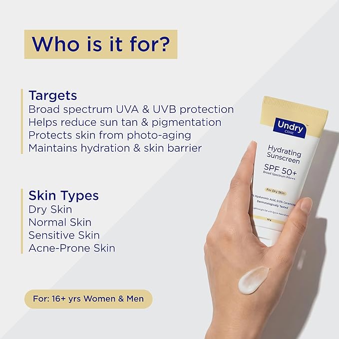 Undry Hydrating Sunscreen for Dry Skin Lightweight, Photostable Sunscreen SPF 50 Broad Spectrum Sun Screen Protector SPF 50 Sunscreen Sun Cream with HA & Ceramide (50gm/1.7 Oz)