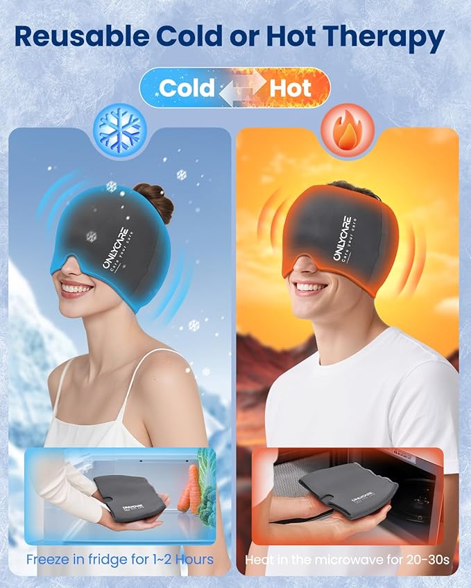 ONLYCARE Migraine Relief Cap, Soothing Migraine Mask, Upgraded Odorless Gel Ice Head Wrap, Hot and Cold Therapy, Headache Ice Pack for Tension, Stress, Hangover(Grey)