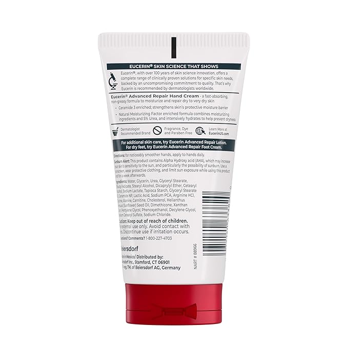 Eucerin Advanced Repair Hand Cream, Immediately Soothes and Repairs Very Dry Skin, Fragrance Free, Non Greasy, Fast Absorbing, Travel Size Hand Lotion, 2.7 Oz Tube, Pack of 3