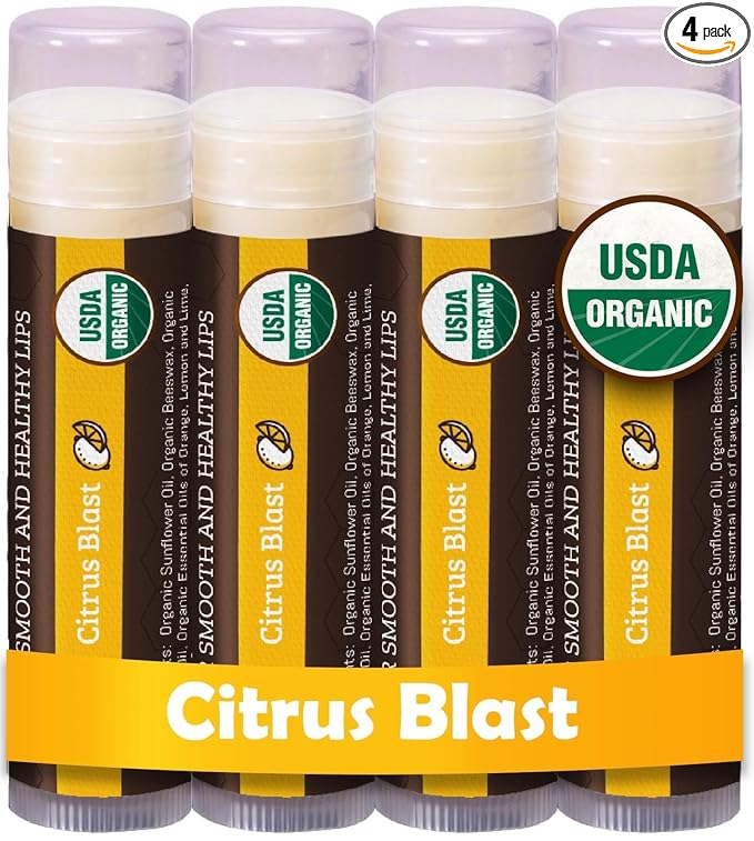 Earth's Daughter USDA Organic Lip Balm 4-Pack Citrus Flavor - Beeswax, Coconut Oil, Vitamin E - Best Lip Repair Chapstick for Dry Cracked Lips.
