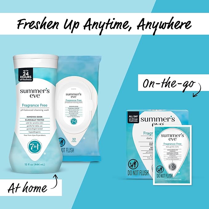 Summer's Eve Fragrance-Free Feminine Wipes, Gentle pH-Balanced Micellar Water Based Formula Helps Control Vaginal Odor, Resealable Pack, 32 Wipes