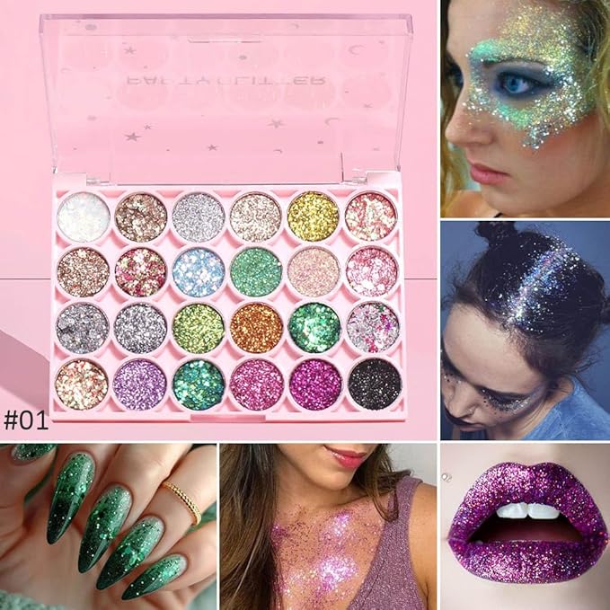 evpct 24 Colors Glitter Sparkle Eyeshadows Palette Makeup for Women, Black White Pink Green Blue Rainbow Neon Metallic Shimmer Shiny Eyeshadow Palette, Body Pressed Eye Shadow Glitter Palette Makeup