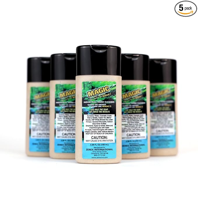 Zenex Magic Hand Soap - Industrial Hand Cleaner for Auto Mechanics | Shop Soap | Walnut Shell Scrubbers to Remove Grease, Oil, Ink & Paint | Moisturizing Ingredients | 100 ml (5 Pack)