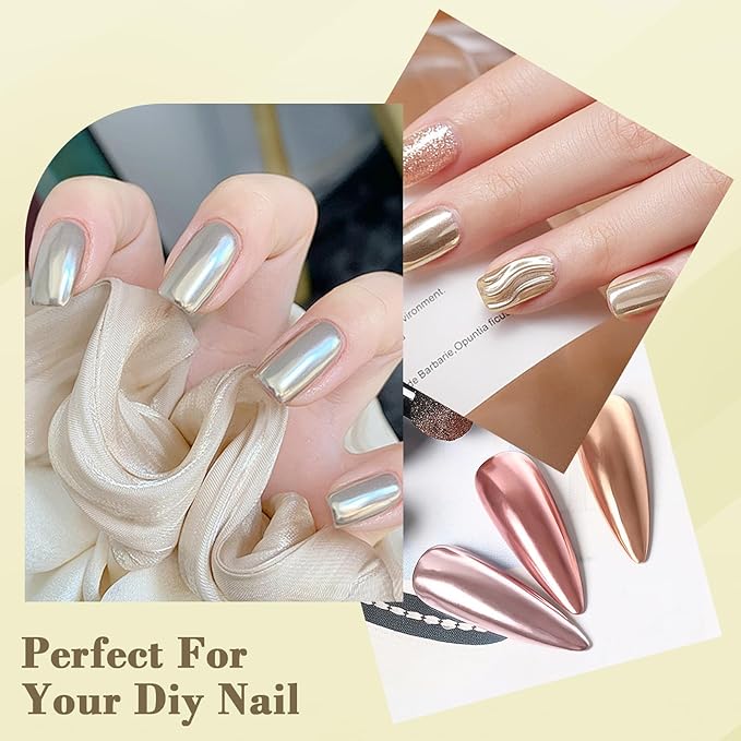 Chrome Nail Powder, Metallic Mirror Effect Holographic Shimmer Glitter Dust Manicure Decoration Nail Art Pigment for DIY Gel Polish Nail Art, Resin Craft, Salon, Gifts - Champagne Gold