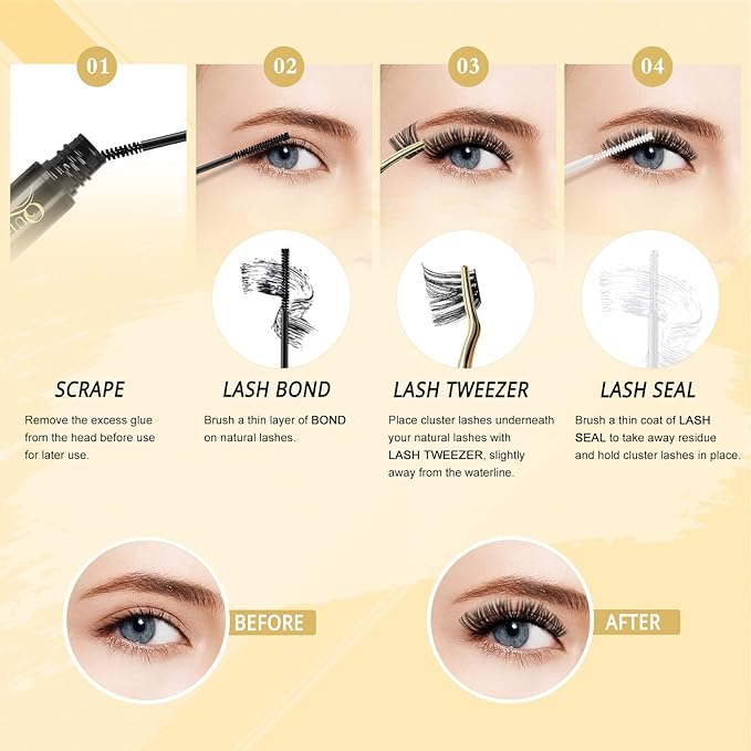 QUEWEL DIY Lash Extensions Kit Lash Clusters 144 Pcs, Cluster Lashes Golden Lashes Tweezers, Eyelash Clusters Bond and Seal Waterproof, Cluster Eyelash Glue Remover(QU-RR-DH-02)