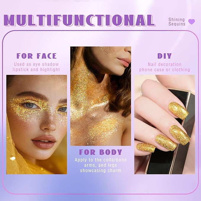 HOSAILY Roll-on Holographic Body Glitter Gel for Face Hair, Chameleon Color Changing Glitter Gel Under Light, Chunky Mermaid Sequins Festival Party Rave Accessories Shimmer Makeup (Gold)