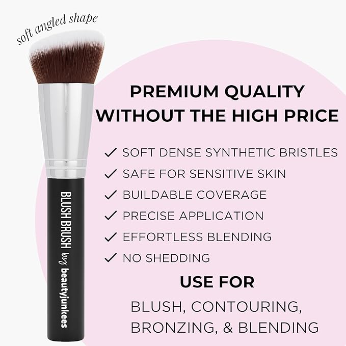 Beauty Junkees Angled Blush Brush for Cream, Liquid, Powder Makeup, Dense Synthetic Bristles to Stipple and Blend for Buildable Pigmented Color