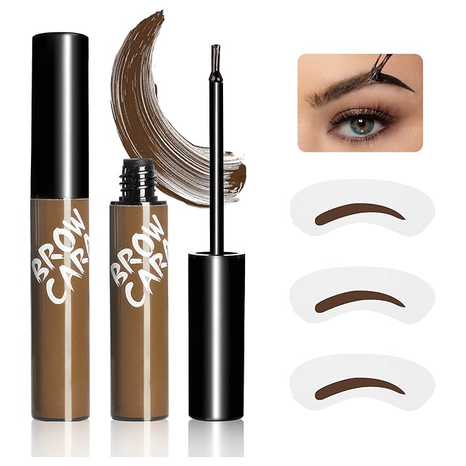 Brow Tattoo Peel Off Gel - Long-Lasting Makeup & Waterproof Eyebrow Gel with Eyebrow Stencils, Transfer-Proof Eye Brow Pencils for Women Create Fuller & Defined Looking Brows (Light Brown)