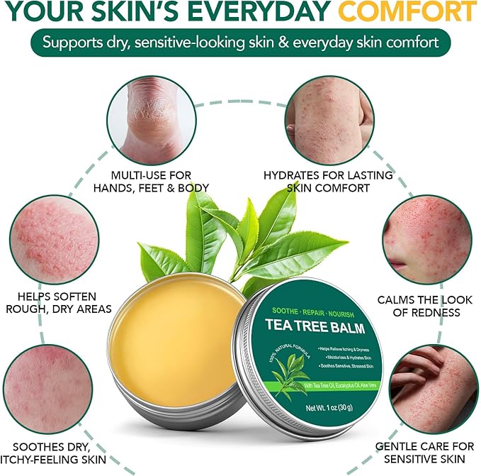 Tea Tree Balm for Fast Itchy Skin Relief – Soothes Discomfort from Bug Bites, Rashes, Dry Skin & Foot Irritation – Natural, Fragrance-Free & Gentle Formula, Safe for Sensitive Skin and All Ages