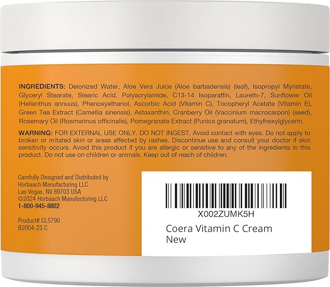 Coera Vitamin C Cream | 4oz | For Face, Dark Spots, Body, and Skin | Brightening, Hydrating, & Firming Moisturizer | Free of Parabens, SLS & Fragrances | Cruelty Free | Packaging May Vary