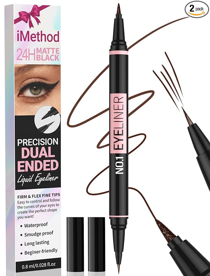 iMethod Liquid Eyeliner - Waterproof Eyeliner 2-in-1 Dual-Ended Eye Liner with Precise Brush-Tip and Thick Tip, Black Liquid Liner Pen, Matte Finish, Long Lasting, Smudge-proof, Transfer-proof, Brown