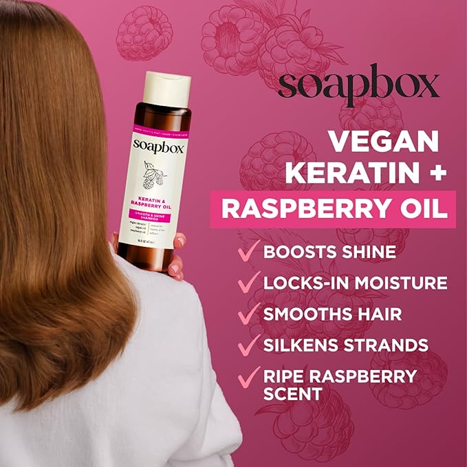 Soapbox Keratin & Raspberry Seed Oil Shampoo & Conditioner Set, Leaves Hair Shiny, Smooth & Glossy - Clean Ingredients Free of Harsh Chemicals, Sulfates, Parabens & Silicones - 16 oz Each