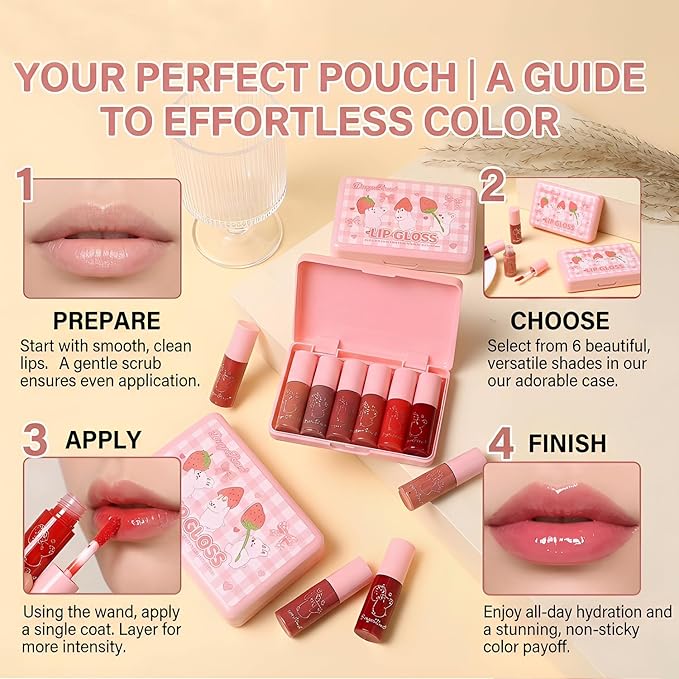 Eakroo 6 Colors Lip Gloss Set, Hydrating Korean Lip Gloss for Women, Non-Sticky Lip Oil Stain, Lip Stain Long Lasting Waterproof, Shiny Lip Gloss for Lip Makeup and Gifts, High Pigment, Vivid Color