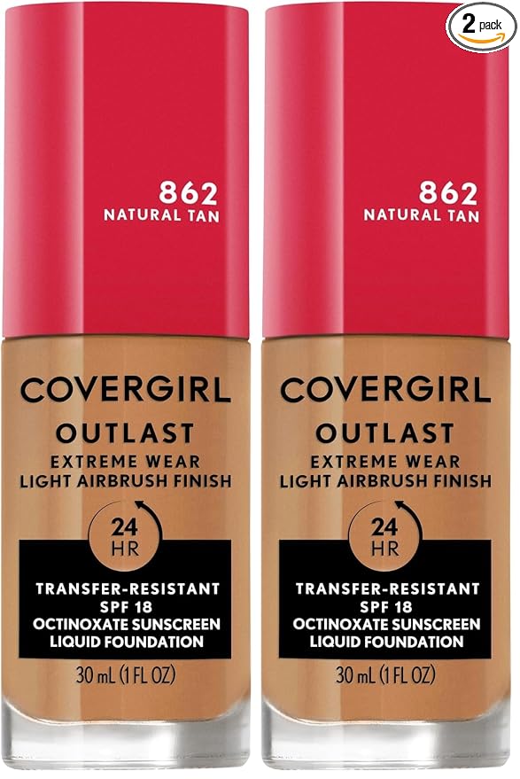 Covergirl Outlast Extreme Wear 3-in-1 Full Coverage Liquid Foundation, SPF 18 Sunscreen, Natural Tan, 1 Fl. Oz. (Pack of 2)