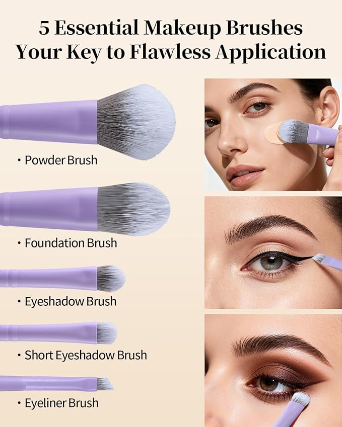 EIGSHOW Makeup Brush Set 5Pcs Basic Makeup Brushes for Powder Foundation Eyeshadow Eyeliner, Synthetic Silver Ion Bristles, Travel-Friendly, Vegan & Cruelty-Free (Matte Purple)