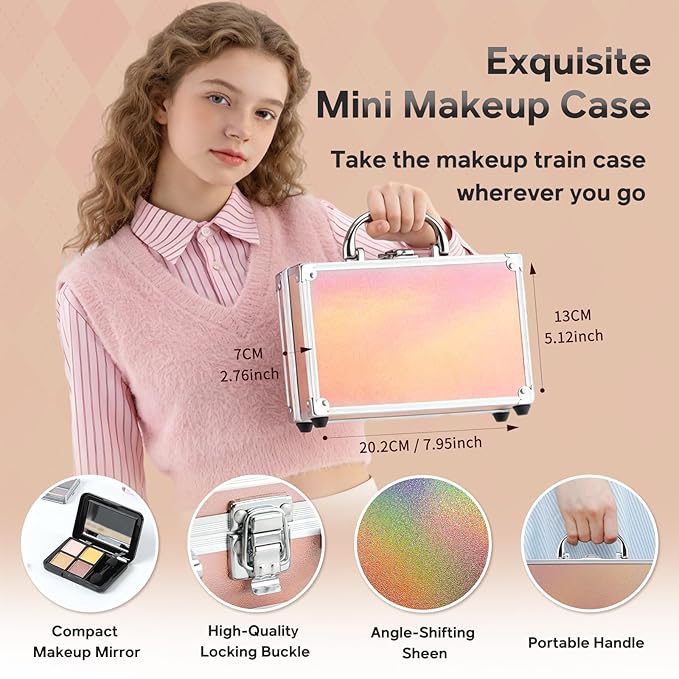 Color Nymph Beginner Makeup Kits For Teens With Train Case Included Full Makeup Kit Eyeshadow Palette Blushes Bronzer Highlighter Lipstick Brushes Mirror（Gold）