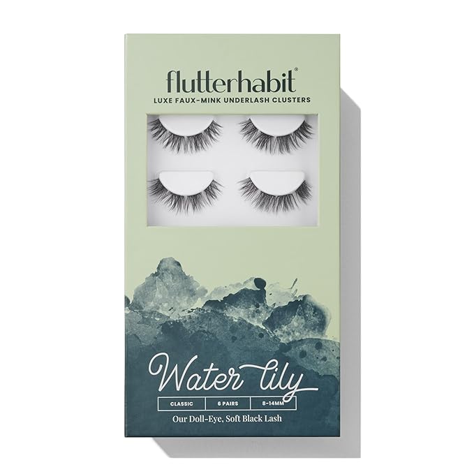 FlutterHabit Water Lily prepTECH Classic 6 Pair Underlash Extensions, 8–14mm Mixed Black Brown Lash Clusters, Reusable Under Lash Eyelashes Home Application, Medium Volume Doll Eye, Adhesive Required