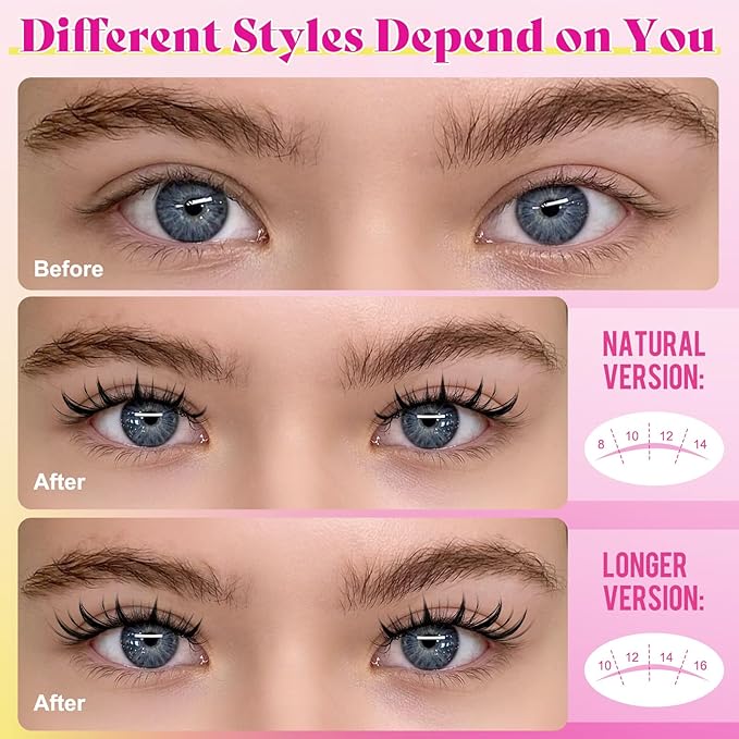 Manga Lash Clusters Kit DIY 144Pcs Fairy Eyelash Clusters Natural Lashes Kit with Anime Lash Clusters Bond and Seal, Remover and Tweezers for Invisible Band Eyelash Extensions Kit(D-Mix8-16mm)