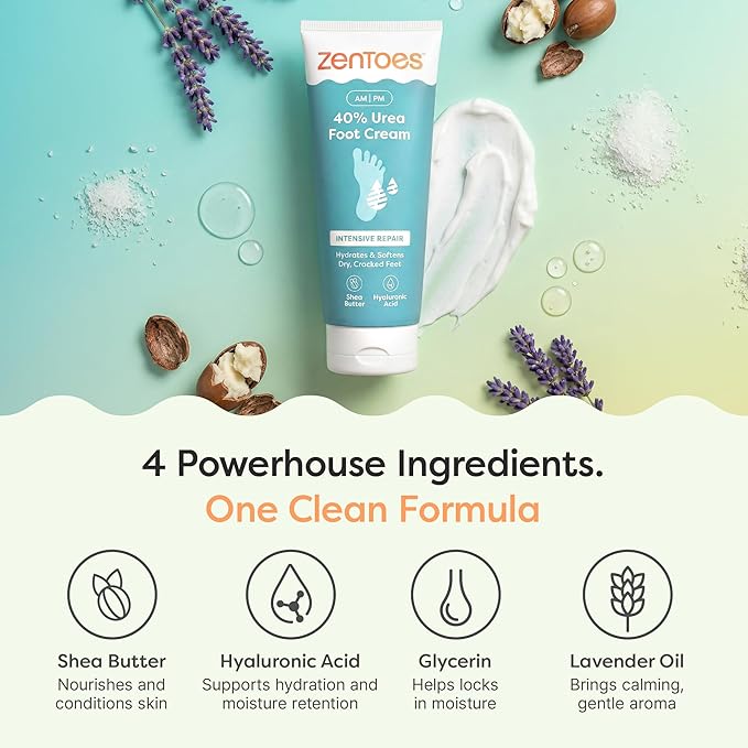ZenToes Urea Cream 40 Percent for Feet | Foot Lotion for Dry Cracked Heels and Feet | Intense Dry Feet Softening and Hydration for Skin | Heel Balm and Moisturizing Care | 5oz, Pack of 2