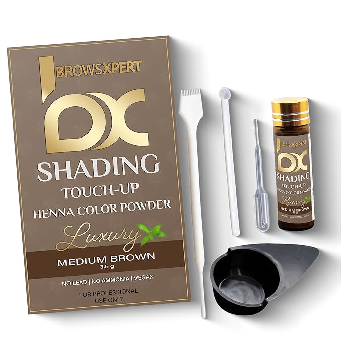BROWSXPERT Professional Shading Touch-Up Kit — Herbal Henna Color Powder with Mixing Dish, Stir & Brush + Follow Instructions | 3.5g | Medium Natural Brown