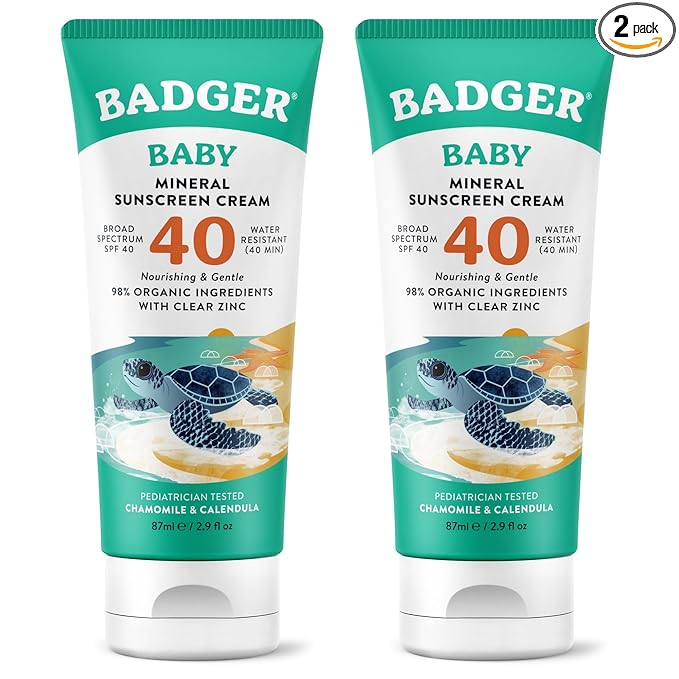 Badger Mineral Baby Sunscreen Cream SPF 40, 98% Organic Toddler Sunscreen with Zinc Oxide, Broad Spectrum, Reef Safe, Water Resistant, Pediatrician Tested Baby Sunblock, 2.9 fl oz, 2-Pack